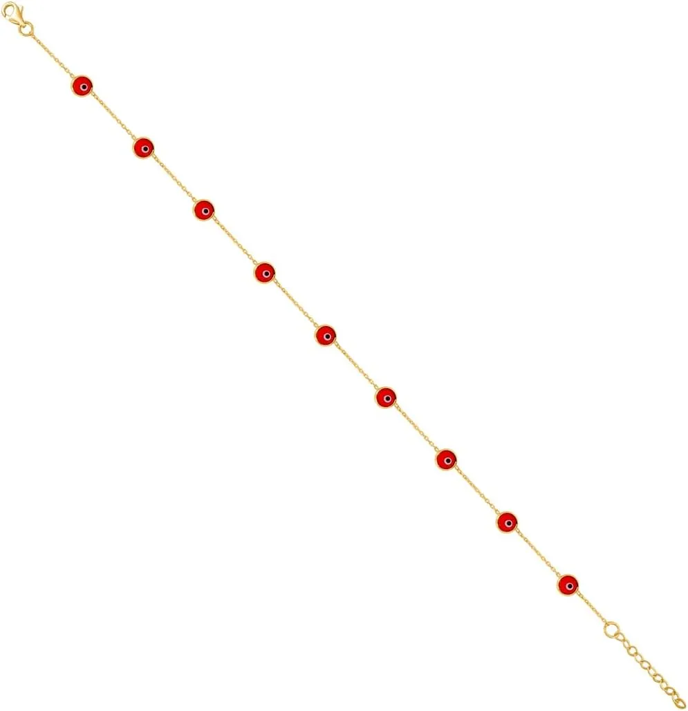 JewelryWeb 10k Yellow Gold Womens Red Black Enamel Evil Eye Chain Anklet 10 Inch-Anklet for Women and Men