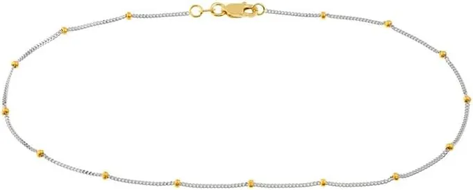 JewelryWeb 14k Yellow and White Gold Curb Chain Ankle Bracelet Saturn Chain Lobster Claw Closure 10 Inch Anklet for Women and Men