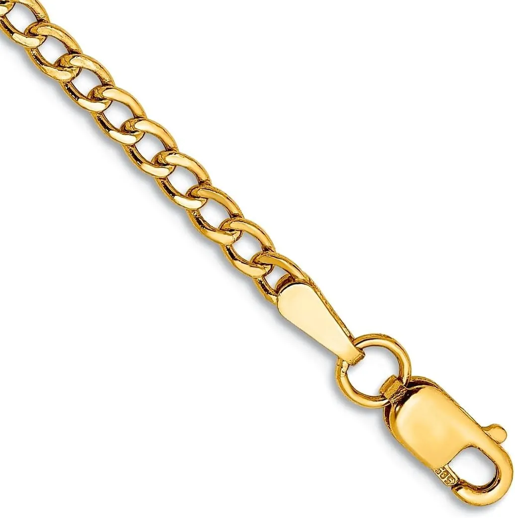 JewelryWeb 14k Yellow Gold Hollow Polished Lightweight Lobster Claw Closure 2.5mm Semi solid Curb Link Chain Bracelet-Link-Bracelet for Women and Men