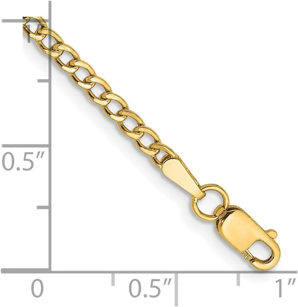 JewelryWeb 14k Yellow Gold Hollow Polished Lightweight Lobster Claw Closure 2.5mm Semi solid Curb Link Chain Bracelet-Link-Bracelet for Women and Men