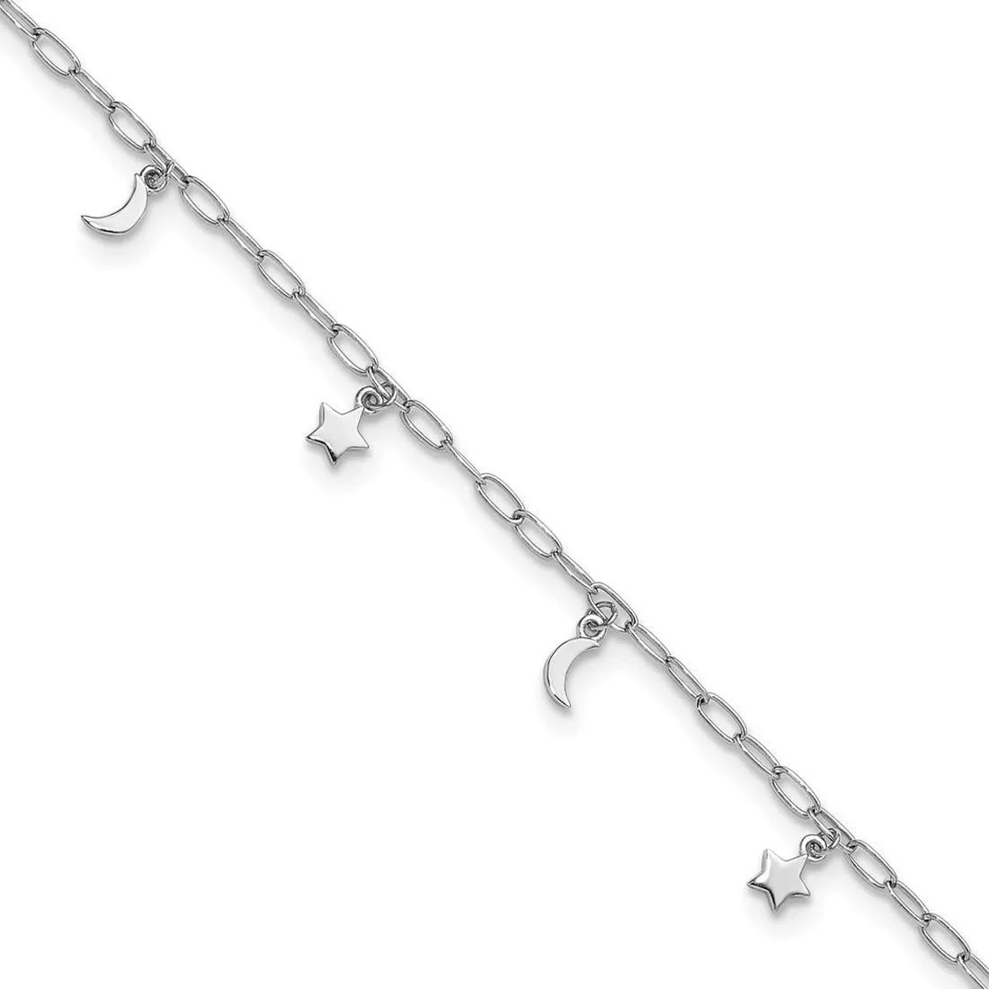 JewelryWeb 2.5mm 925 Sterling Silver Rhodium Plated Polished Celestial Moon and Star Plus 1in Extension Anklet 9 Inch-Anklet for Women