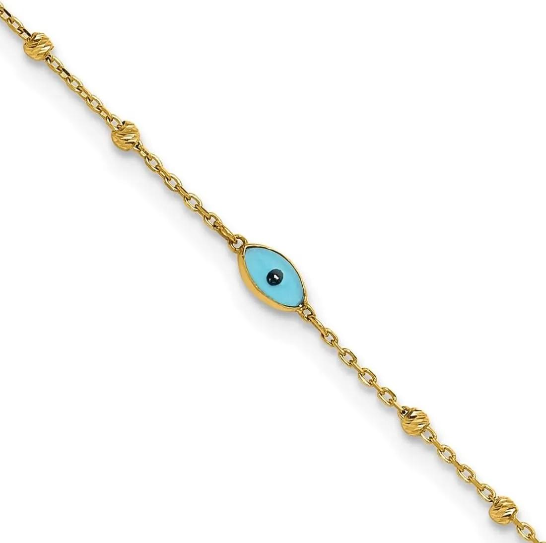 JewelryWeb 3.5mm 14k Solid Yellow Gold Sparkle Cut Stations Blue Glass Evil Eye Plus 1in Extension Anklet 9 Inch-Anklet for Women