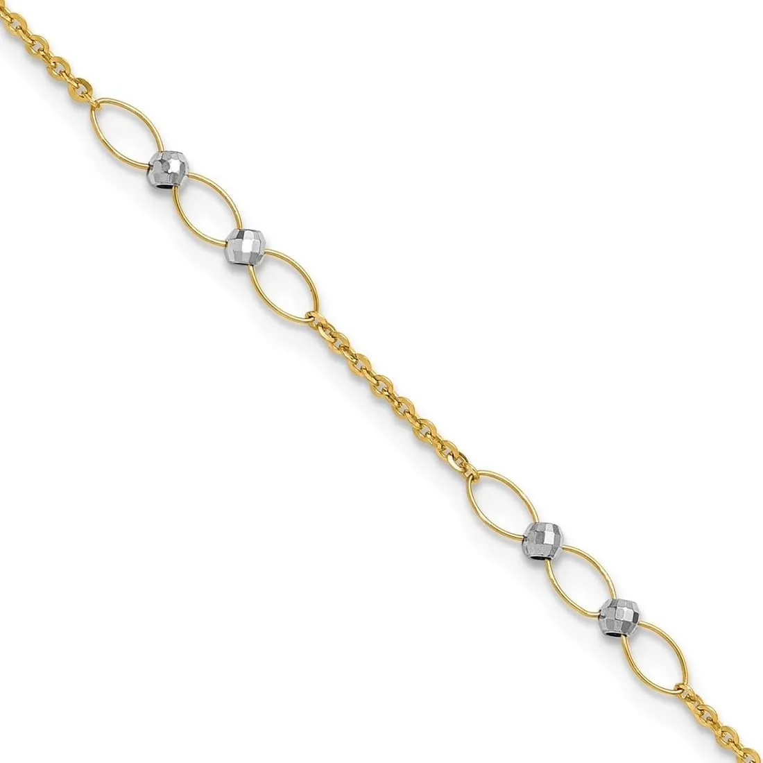 JewelryWeb 3.7mm 14k Solid Gold Two tone Polished Oval Link Beads Plus 1in Extension Anklet 9 Inch-Anklet for Women