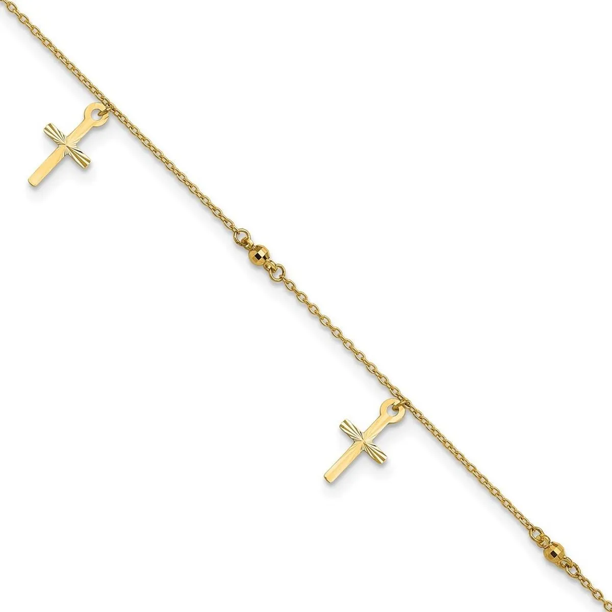 JewelryWeb 7mm 10k Solid Yellow Gold Polished and Textured Religious Faith Cross Plus 1in Extension Anklet 9 Inch-Anklet for Women