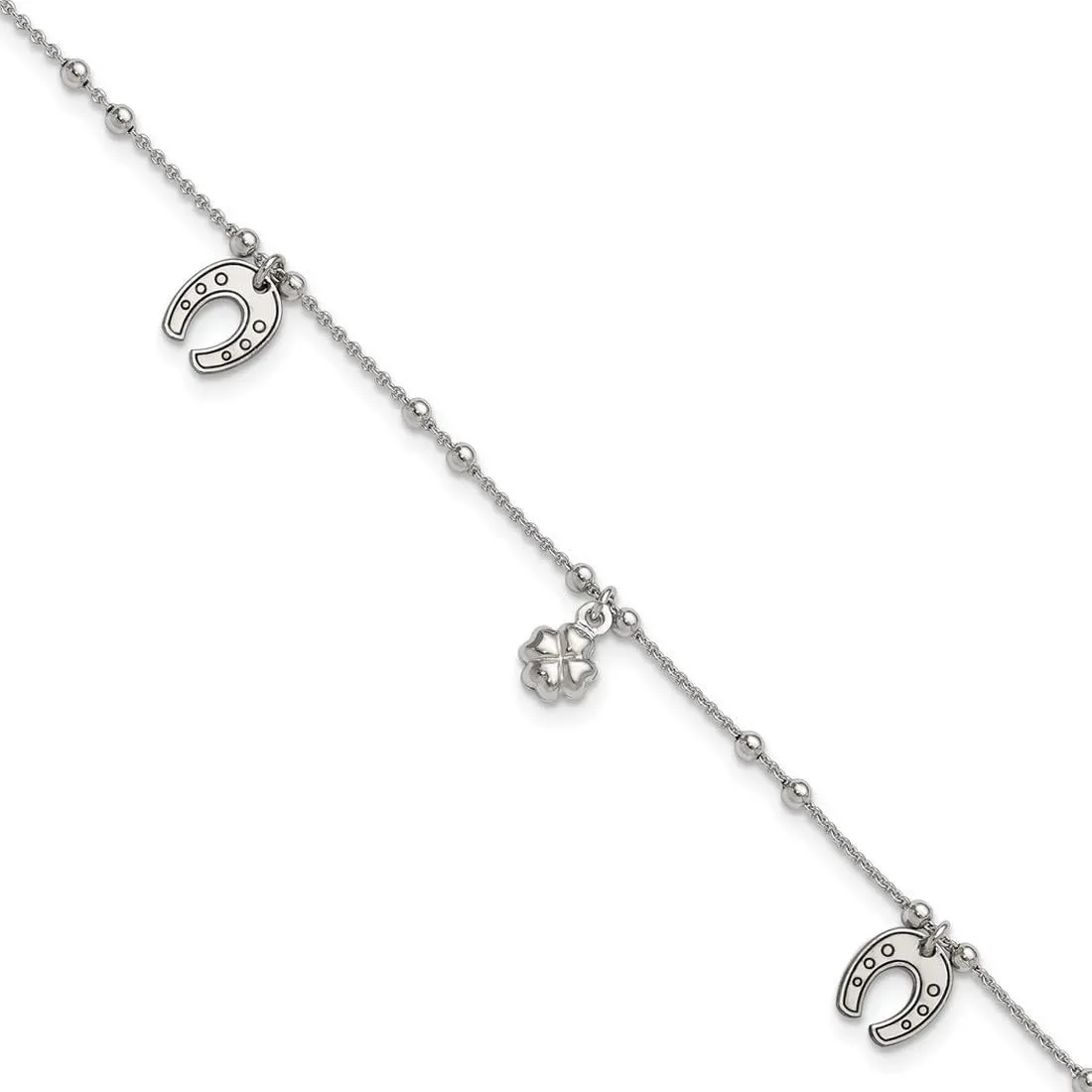 JewelryWeb 925 Sterling Silver Clover and Horseshoe Dangle With 1inch Ext Anklet 9 Inch 8.88mm Wide-Anklet for Women