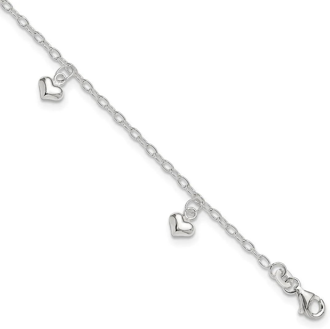 JewelryWeb 925 Sterling Silver Fancy Lobster Closure Polished Puffed Love Heart Anklet-Anklet for Women