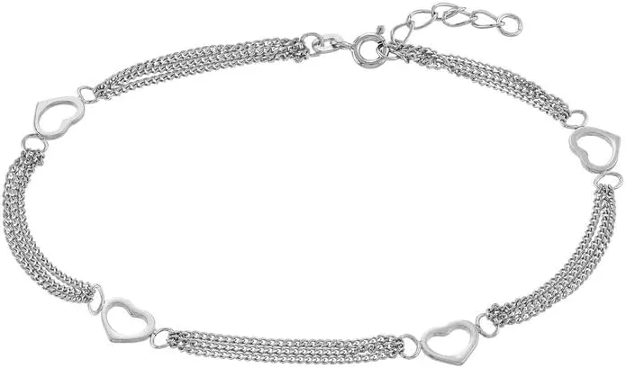 JewelryWeb 925 Sterling Silver Rhodium Plated Open Love Heart 4 Station 3 Row Anklet 10 Inch-Anklet for Women