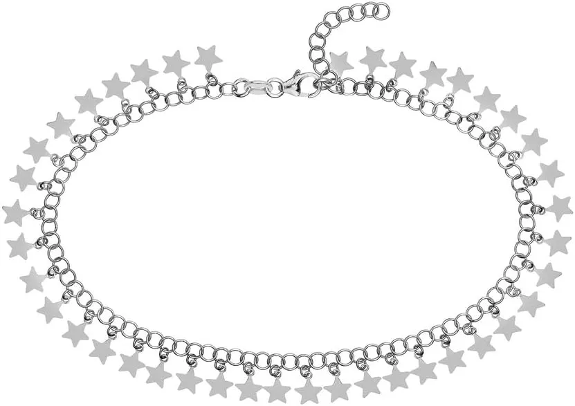 JewelryWeb 925 Sterling Silver Rhodium Plated Round Link With Hanging Stars Adjustable Anklet Bracelet 10 Inch-Anklet for Women
