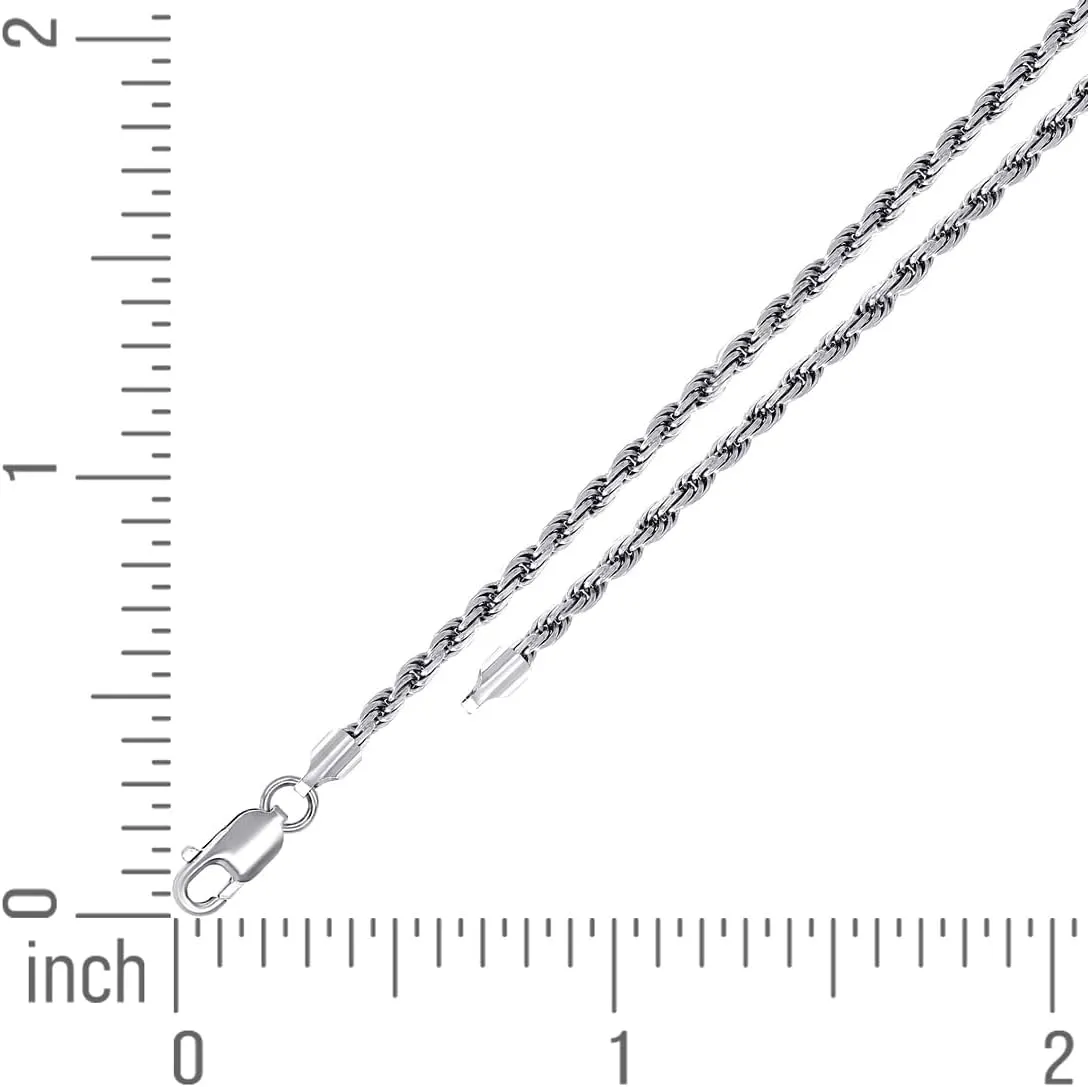 JewelryWeb 925 Sterling Silver Solid Rope Chain Rhodium 2.5mm Anklet-Anklet for Women and Men