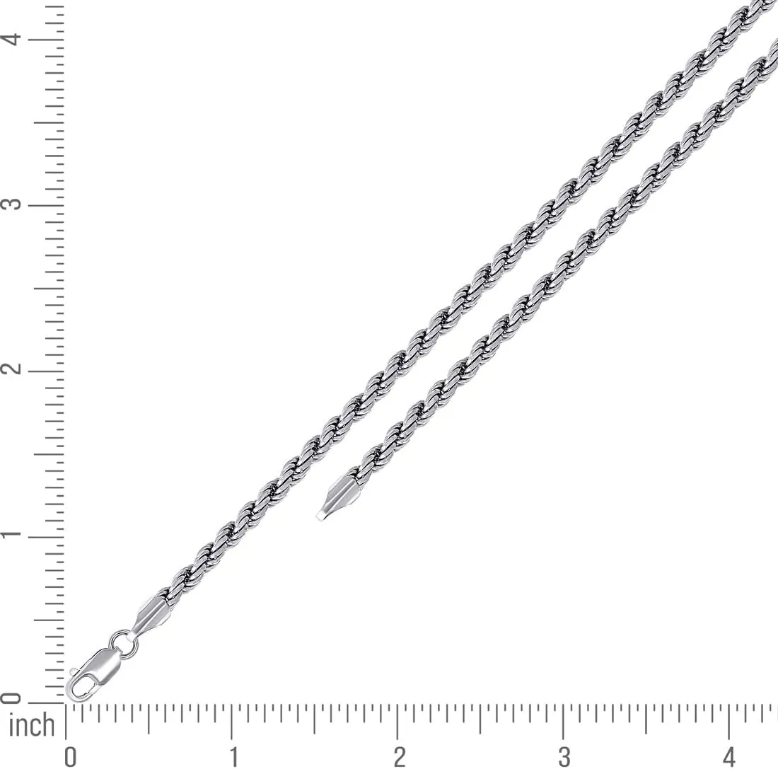 JewelryWeb 925 Sterling Silver Solid Rope Chain Rhodium 4mm Anklet-Anklet for Women and Men