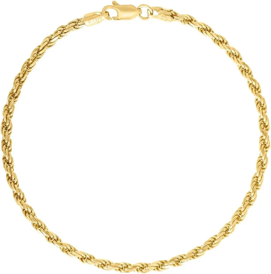 JewelryWeb 925 Sterling Silver Solid Rope Chain Yellow 3mm Anklet-Anklet for Women and Men
