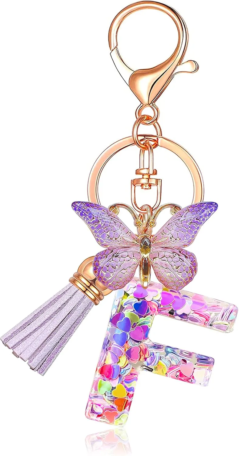 JINGUAZI Initial letter Keychains for Women Tassel Butterfly Pink Purple Cute Car Keychain for Wallet Backpack bag charm