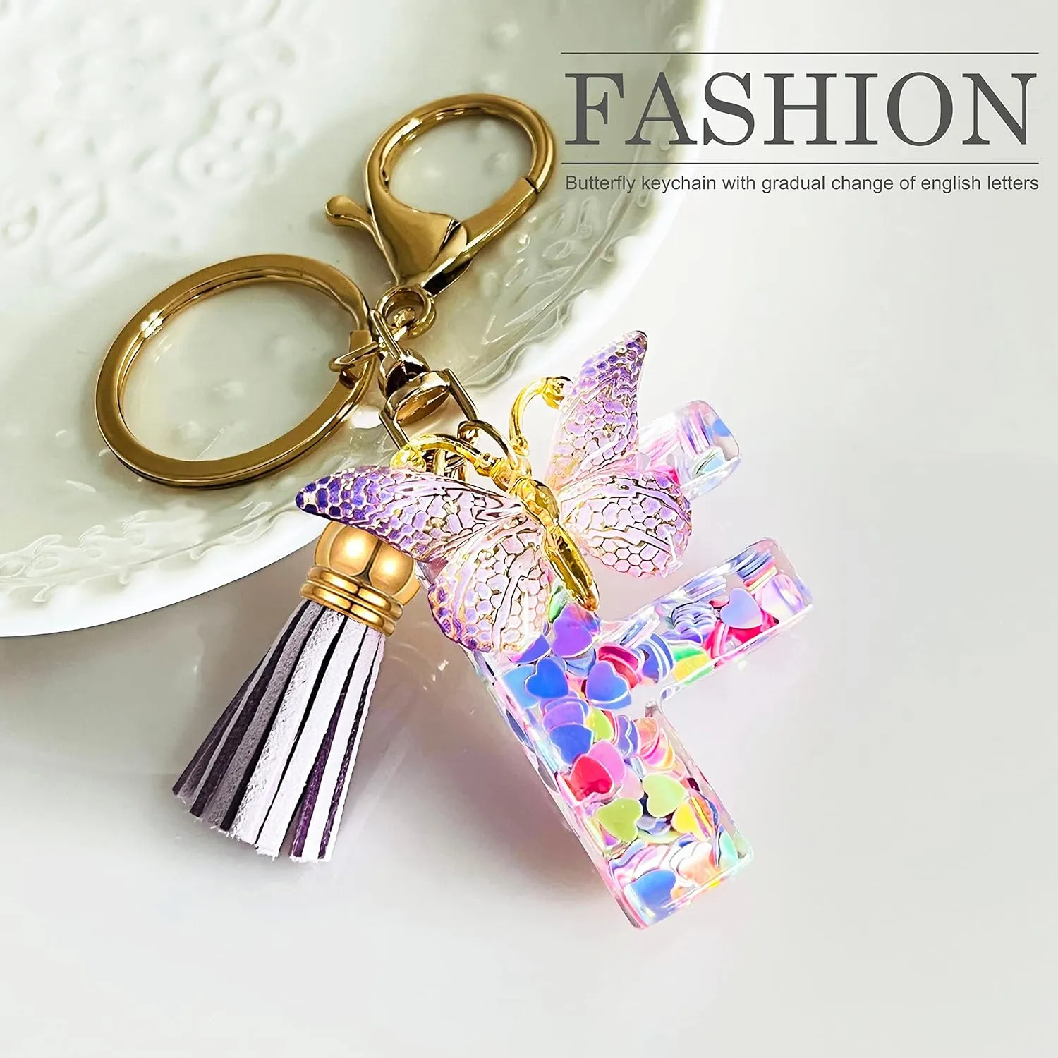 JINGUAZI Initial letter Keychains for Women Tassel Butterfly Pink Purple Cute Car Keychain for Wallet Backpack bag charm