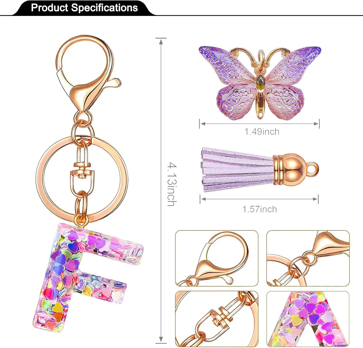 JINGUAZI Initial letter Keychains for Women Tassel Butterfly Pink Purple Cute Car Keychain for Wallet Backpack bag charm