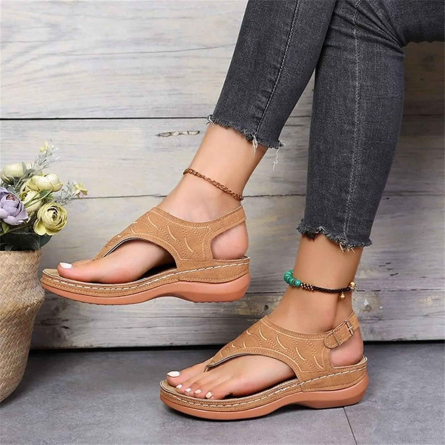 Ladmiple Women's Sandals Wedge Heel Orthotic Slides Comfortable Dressy Summer Orthopedic Thong Flip Flops with Arch Support