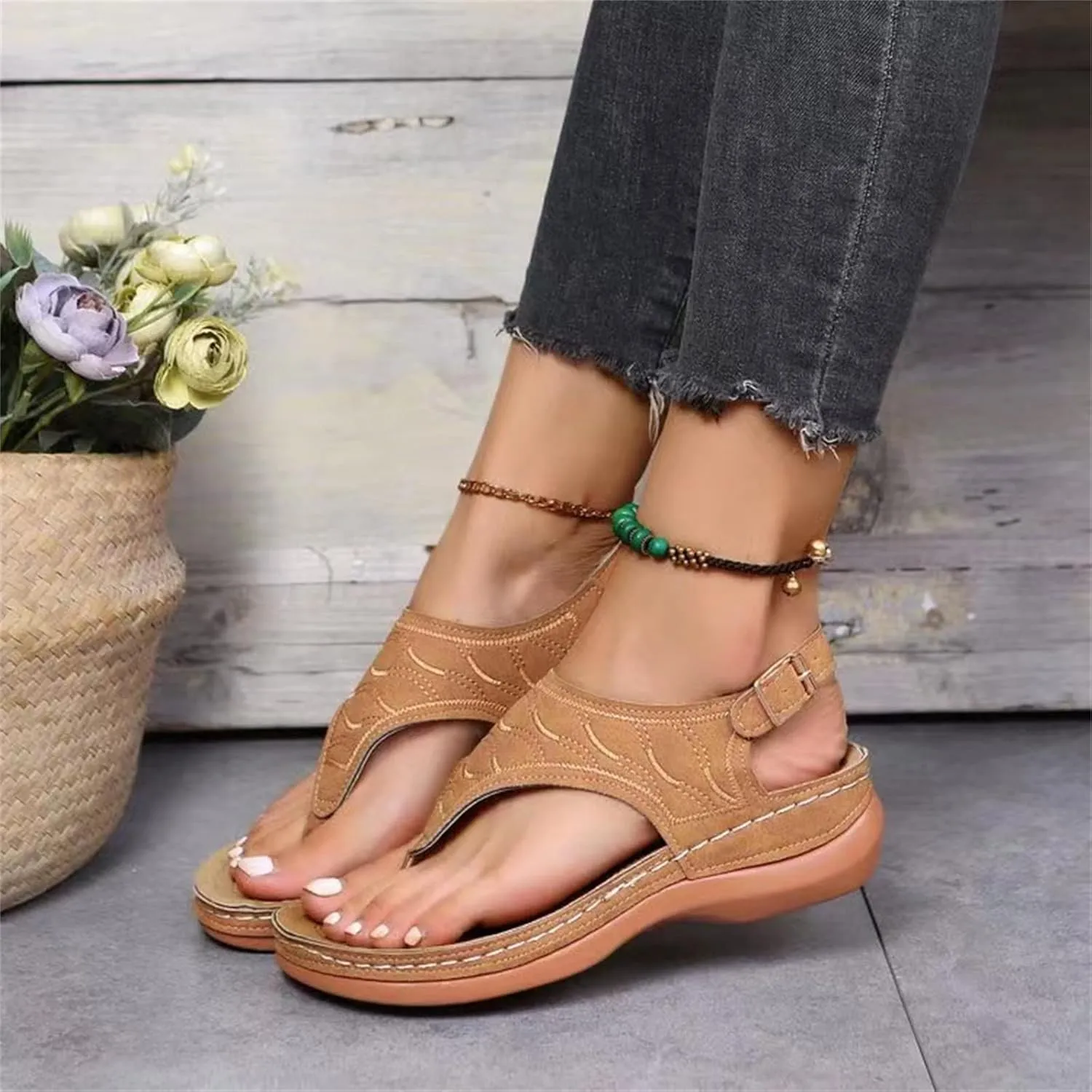 Ladmiple Women's Sandals Wedge Heel Orthotic Slides Comfortable Dressy Summer Orthopedic Thong Flip Flops with Arch Support