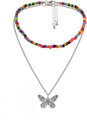 Layered Necklaces for Women, Dainty Layering Necklaces for Women Colorful Bead Butterfly Pendant Chain Necklaces for Women Girls, 2 Pieces, White Gold, 40CM