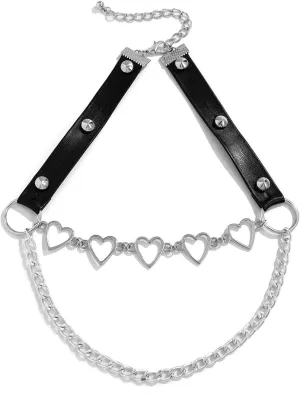 Layering Necklaces for Women, Dainty Layering Necklaces for Women Pu Leather Hollow Heart Pendant Chain Necklaces Jewelry for Women and Girl, 2 Layers, Silver