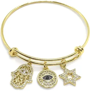 LESLIE BOULES Elegant Gold Expandable Bangle Bracelet for Women 18K Plated Lucky Charm Pendants