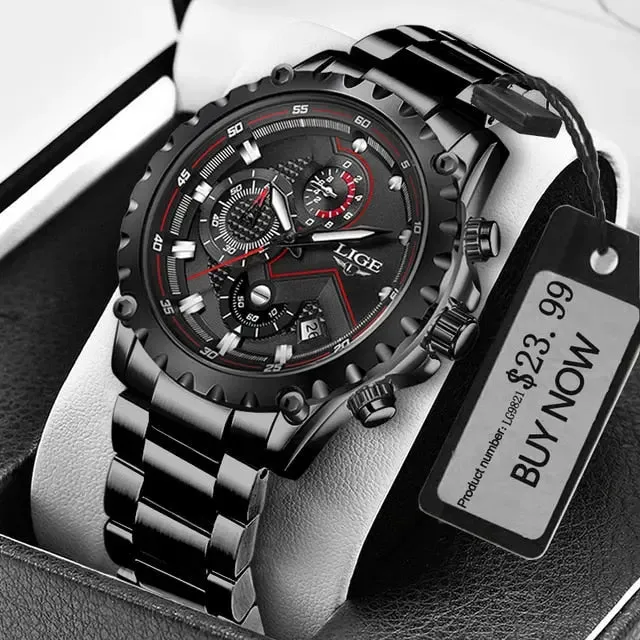 LIGE Fashion Men's Beach Watch Stainless Steel 30m Waterproof Quartz Watch