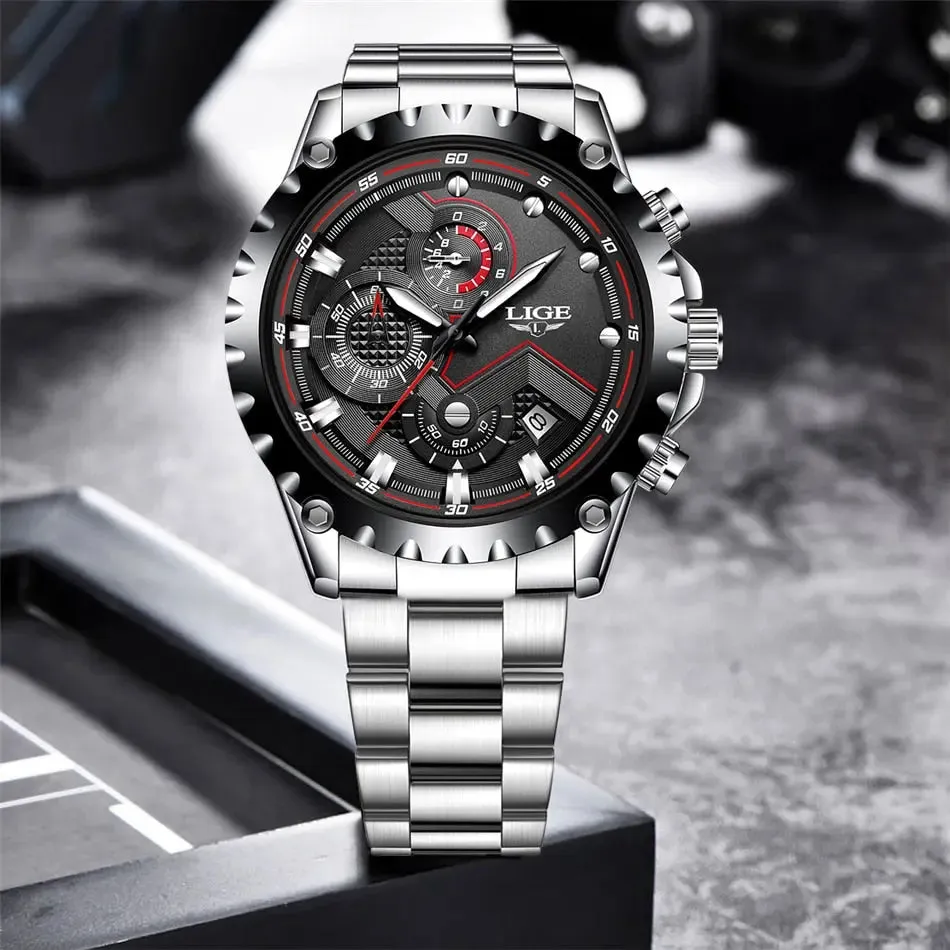 LIGE Fashion Men's Beach Watch Stainless Steel 30m Waterproof Quartz Watch