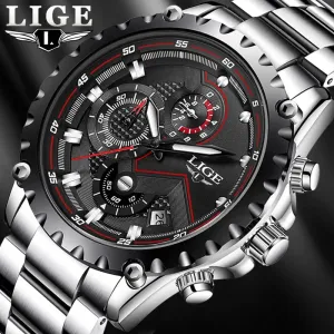 LIGE Fashion Men's Beach Watch Stainless Steel 30m Waterproof Quartz Watch