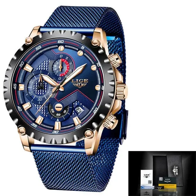 LIGE Fashion Men's Beach Watch Stainless Steel 30m Waterproof Quartz Watch