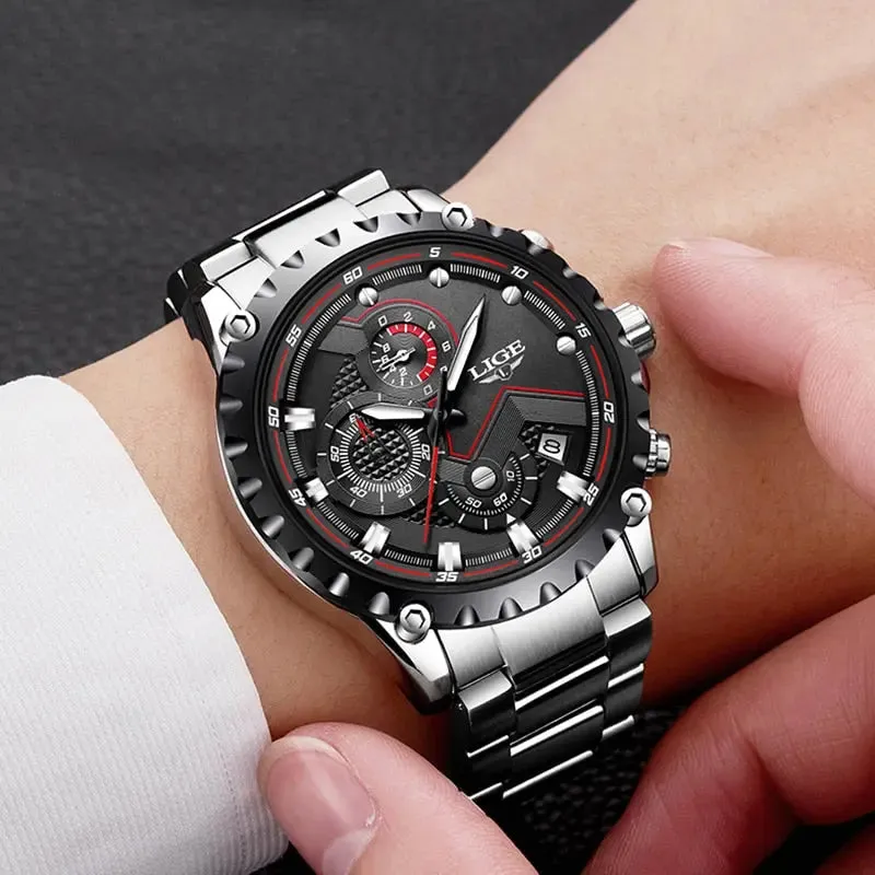 LIGE Fashion Men's Beach Watch Stainless Steel 30m Waterproof Quartz Watch