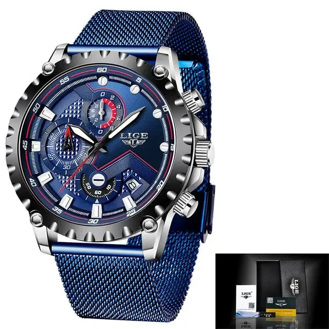 LIGE Fashion Men's Beach Watch Stainless Steel 30m Waterproof Quartz Watch