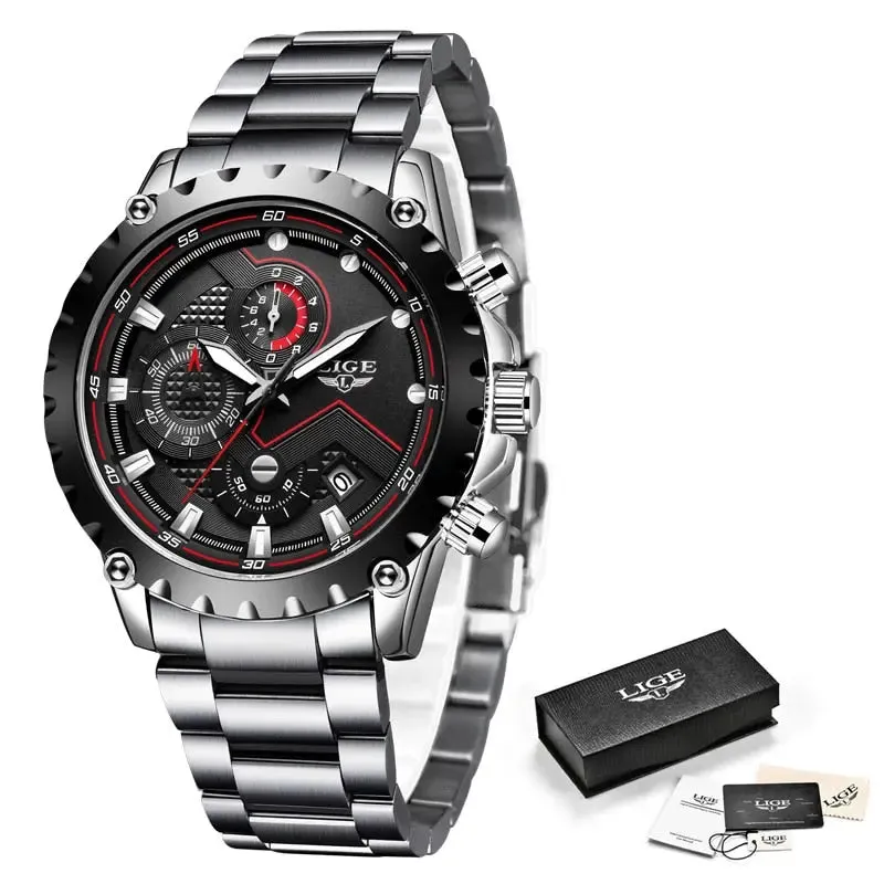 LIGE Fashion Men's Beach Watch Stainless Steel 30m Waterproof Quartz Watch