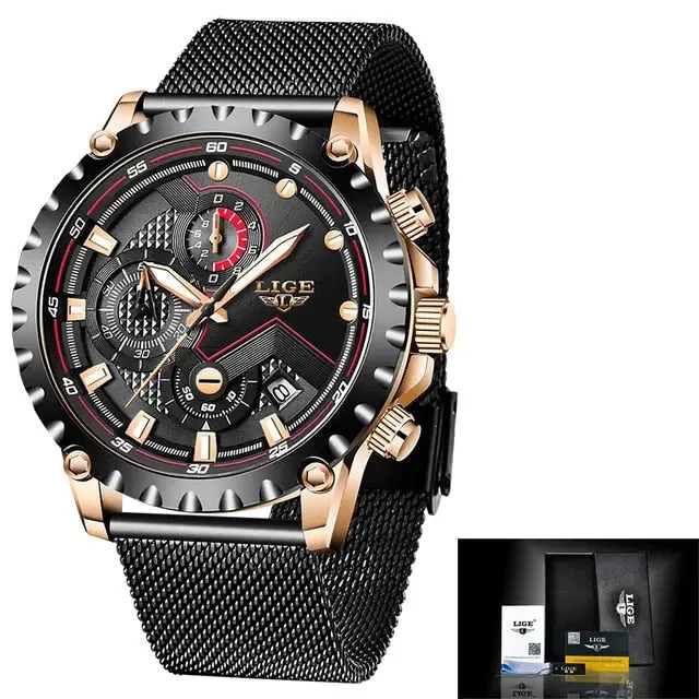 LIGE Fashion Men's Beach Watch Stainless Steel 30m Waterproof Quartz Watch