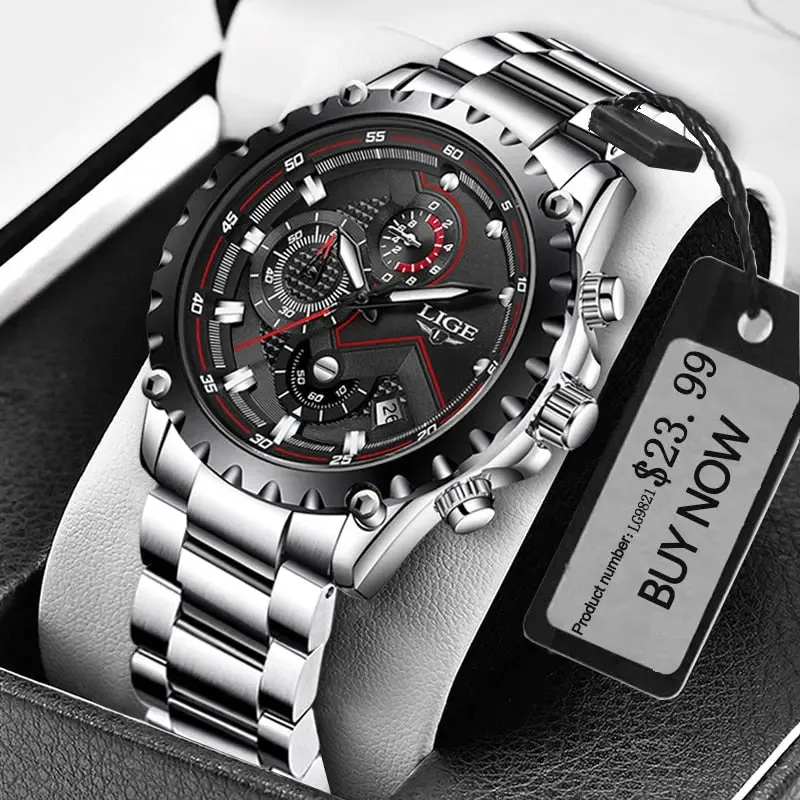 LIGE Fashion Men's Beach Watch Stainless Steel 30m Waterproof Quartz Watch