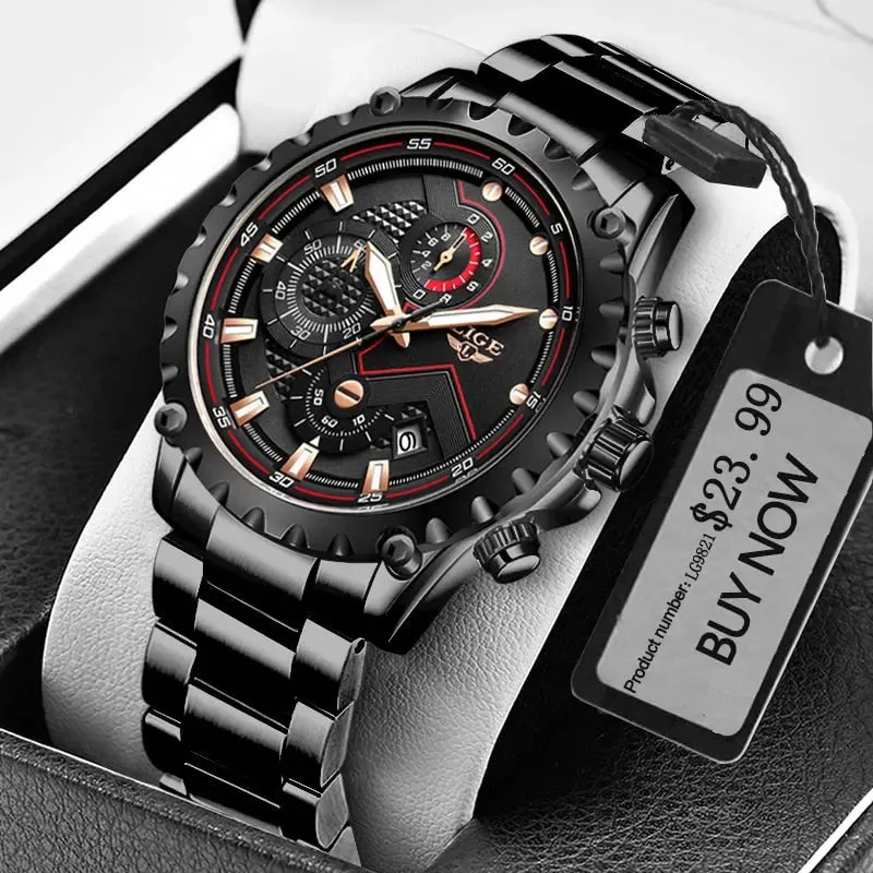 LIGE Fashion Men's Beach Watch Stainless Steel 30m Waterproof Quartz Watch