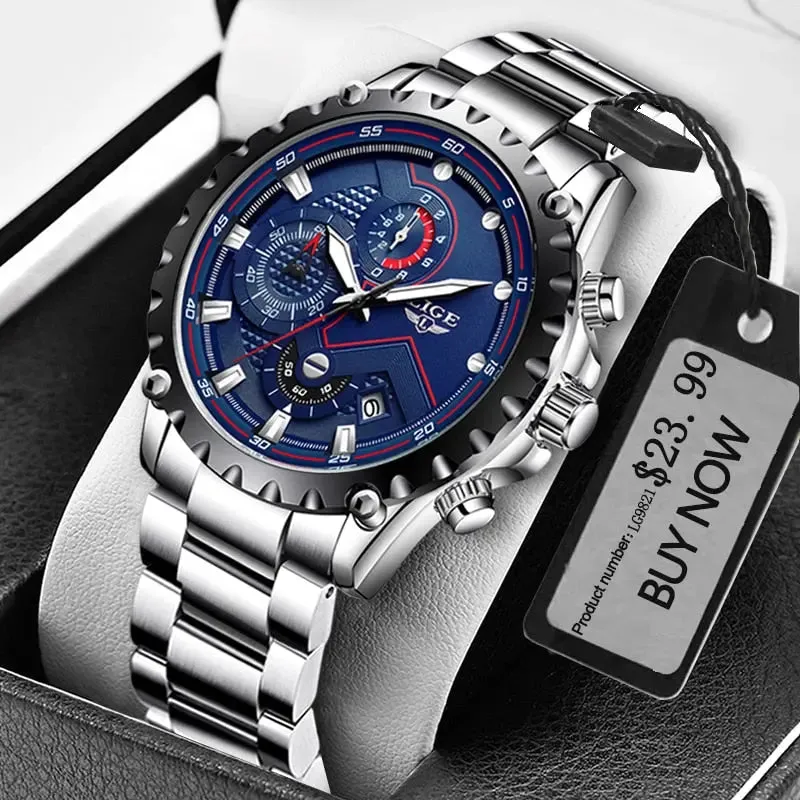 LIGE Fashion Men's Beach Watch Stainless Steel 30m Waterproof Quartz Watch