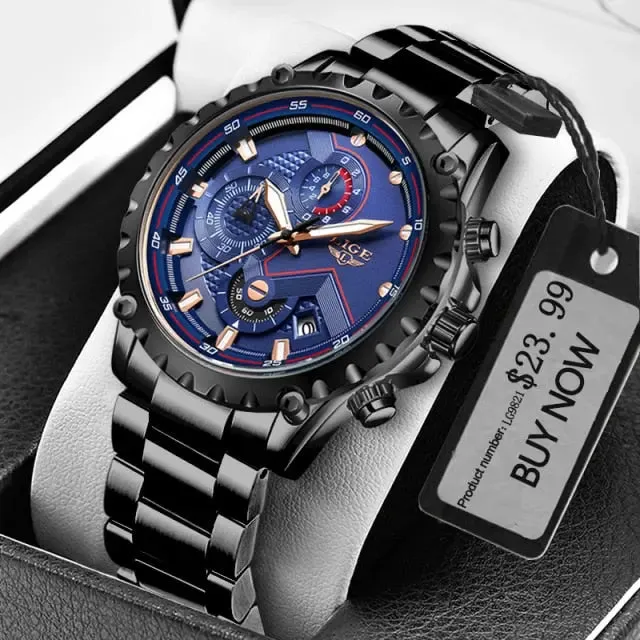 LIGE Fashion Men's Beach Watch Stainless Steel 30m Waterproof Quartz Watch