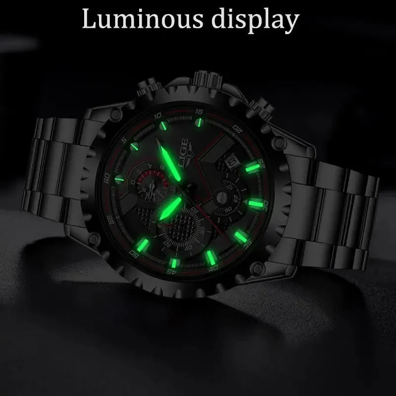 LIGE Fashion Men's Beach Watch Stainless Steel 30m Waterproof Quartz Watch