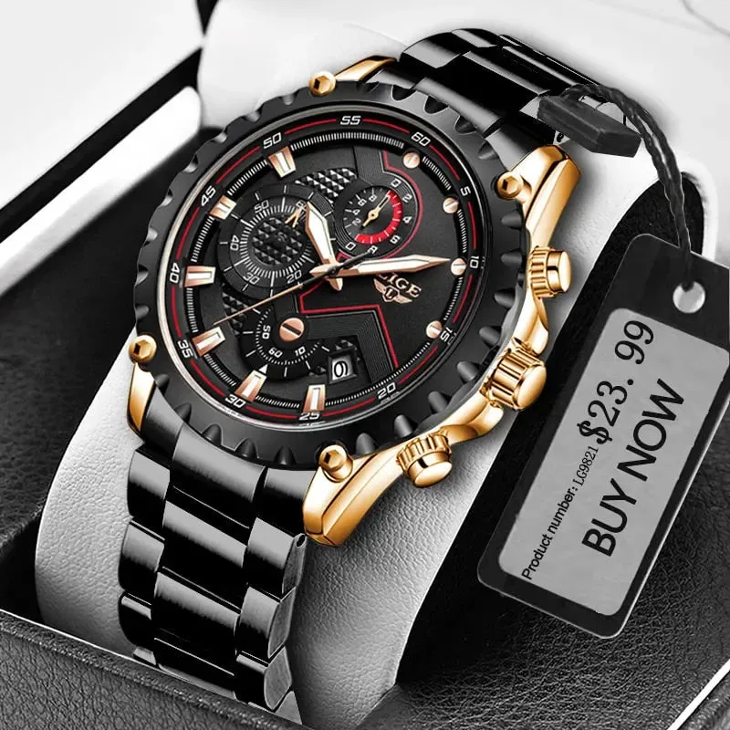 LIGE Fashion Men's Beach Watch Stainless Steel 30m Waterproof Quartz Watch