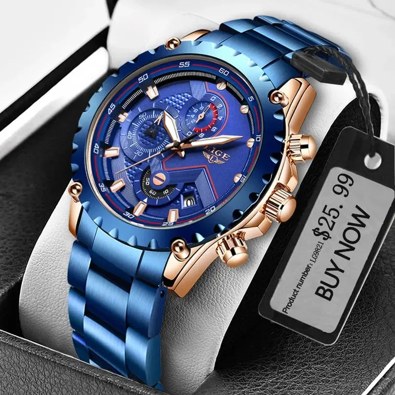 LIGE Fashion Men's Beach Watch Stainless Steel 30m Waterproof Quartz Watch