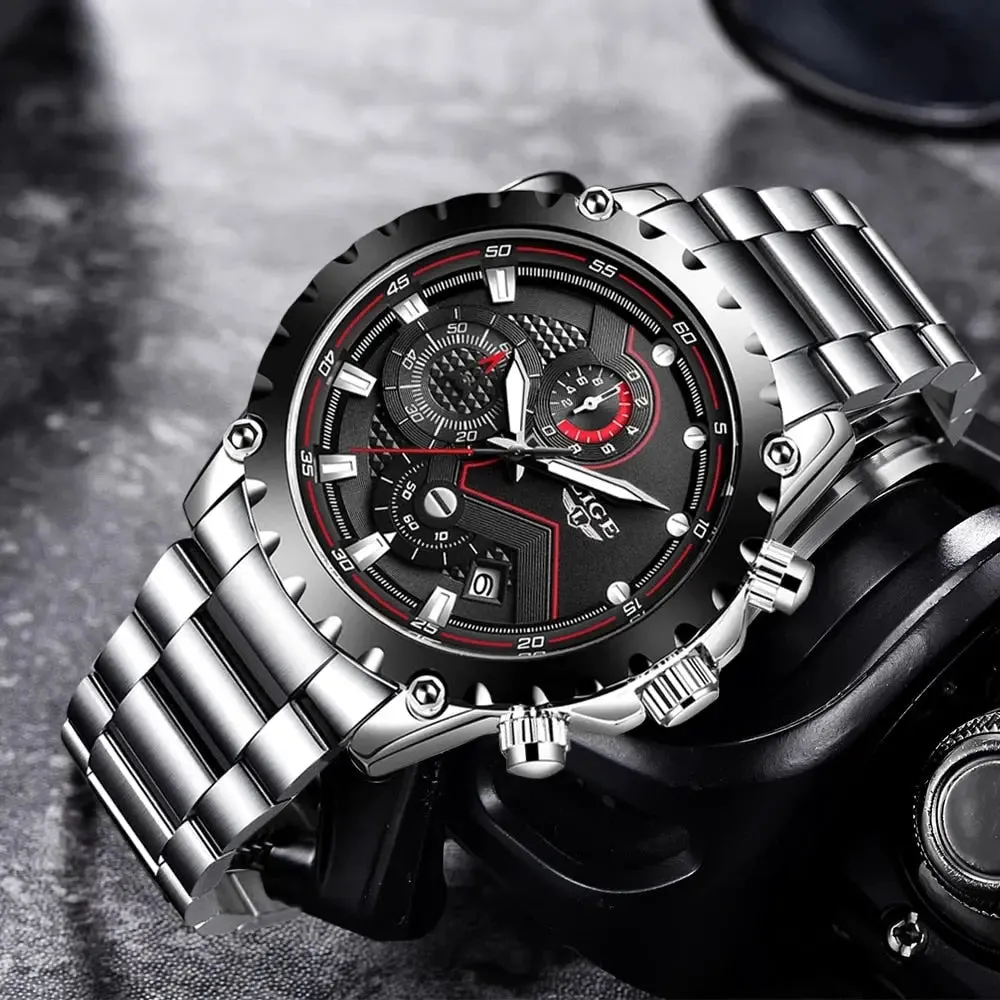 LIGE Fashion Men's Beach Watch Stainless Steel 30m Waterproof Quartz Watch