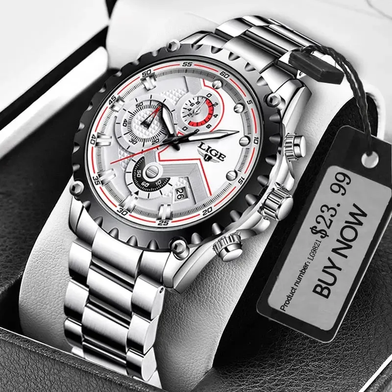 LIGE Fashion Men's Beach Watch Stainless Steel 30m Waterproof Quartz Watch