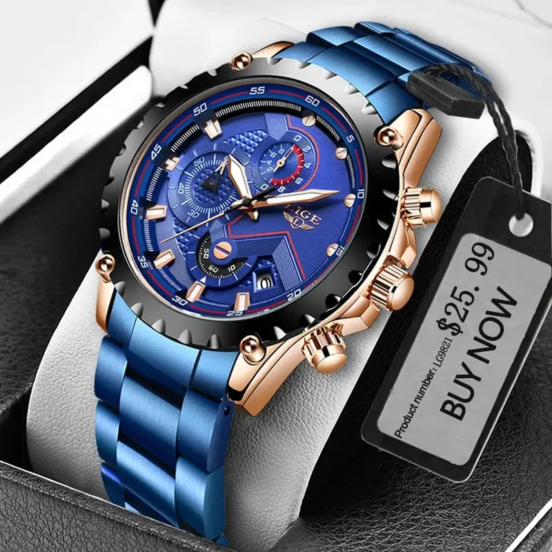 LIGE Fashion Men's Beach Watch Stainless Steel 30m Waterproof Quartz Watch