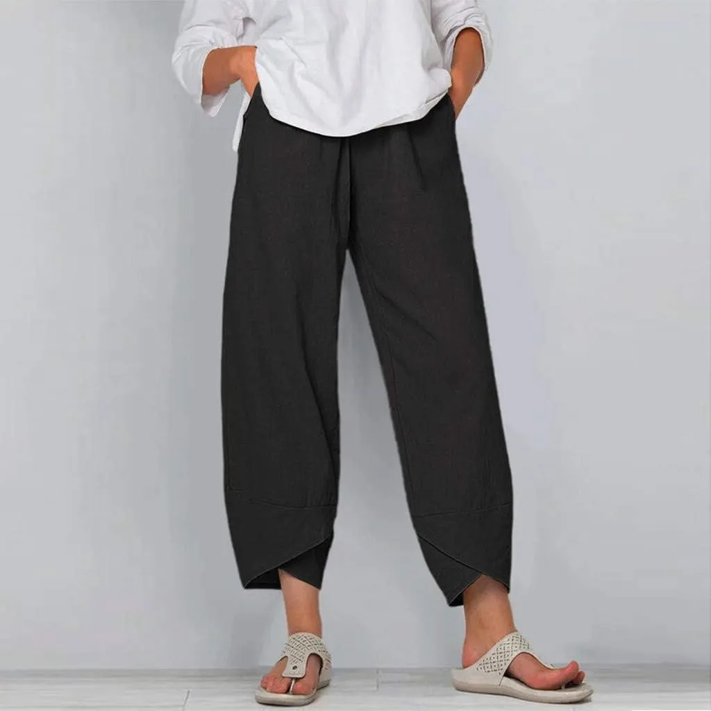 Linen Pants for Women Casual Summer Elastic Waist Pants Trousers with Pockets Beach Lightweight Capri Pants