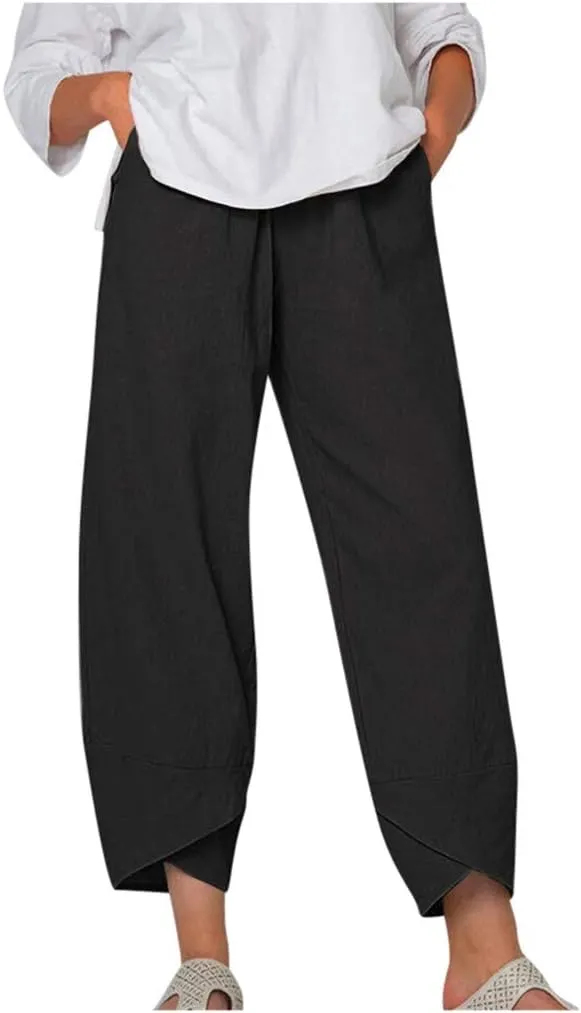 Linen Pants for Women Casual Summer Elastic Waist Pants Trousers with Pockets Beach Lightweight Capri Pants