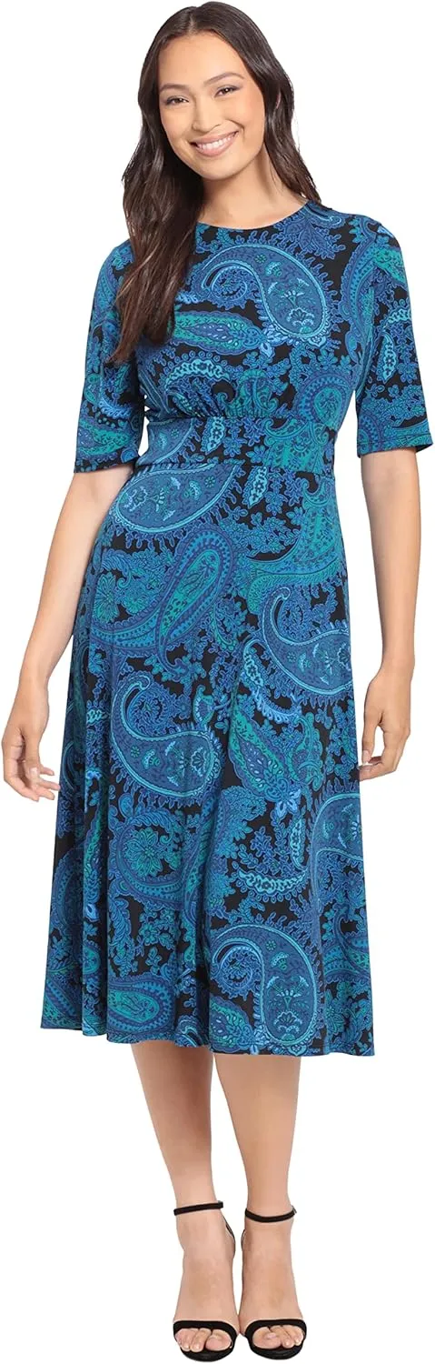 London Times Women's Petite Elbow Sleeve Midi Dress