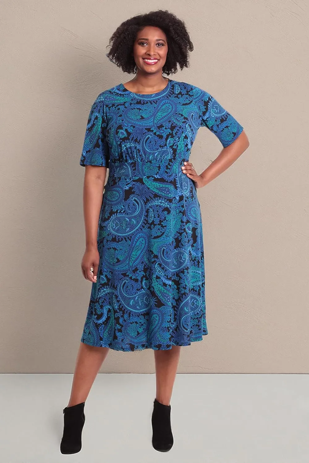 London Times Women's Petite Elbow Sleeve Midi Dress