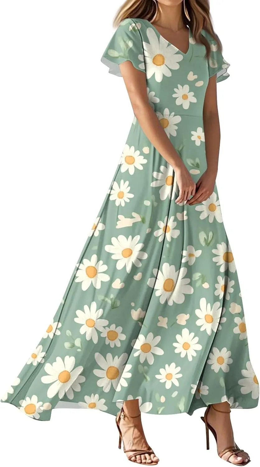 Long Dresses for Women Casual Summer Boho a Line Wrap Floral Maxi Dress Flowy Short Sleeve V Neck Vacation Sundress Summer Outfits for Women Beach Fashion Cool Comfy Sundress Casual Floral Dress