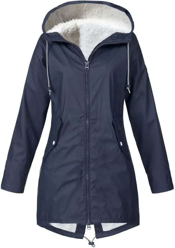 Long Hooded Raincoat Women Waterproof Long Hooded Trench Coat Fleece Lined Windbreaker Climbing Travel Outdoor Jacket