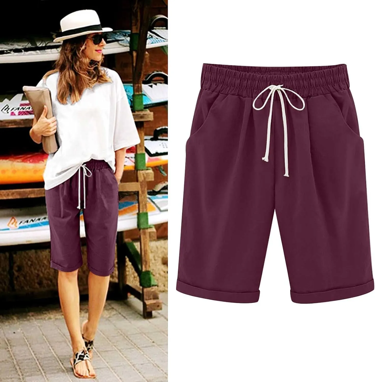 Long Shorts for Women Knee Length, Bermuda Shorts Elastic Waist Drawstring Casual Long Shorts Loose Fit Summer Beach Shorts