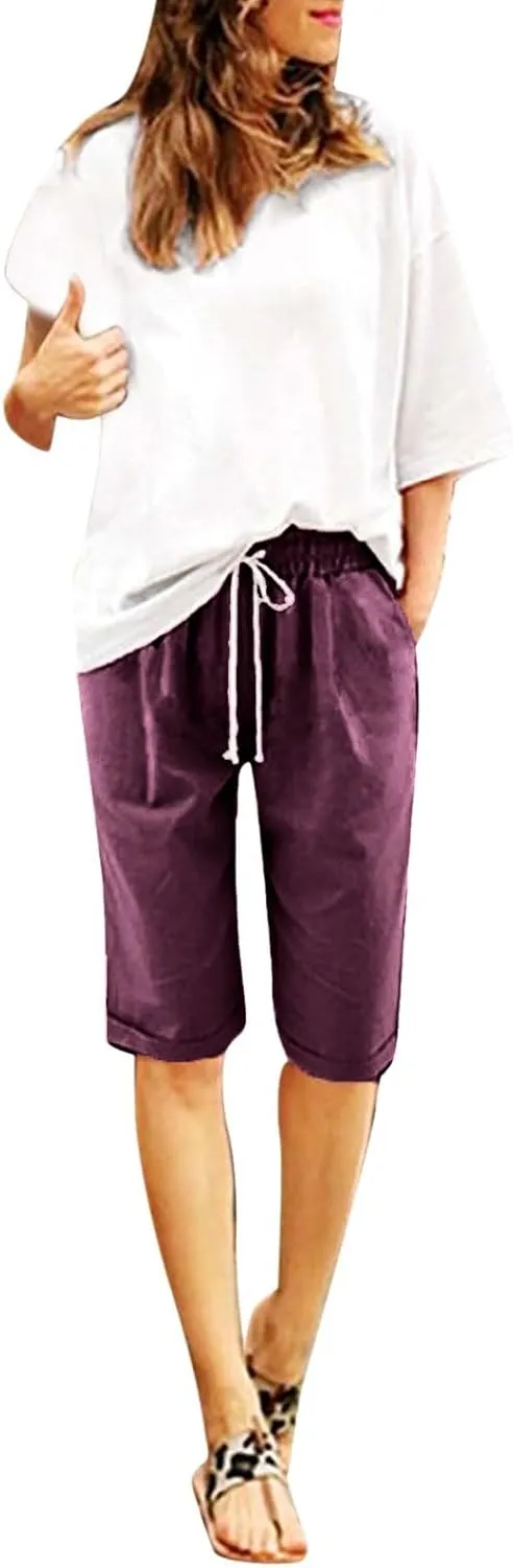 Long Shorts for Women Knee Length, Bermuda Shorts Elastic Waist Drawstring Casual Long Shorts Loose Fit Summer Beach Shorts