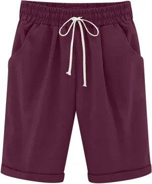 Long Shorts for Women Knee Length, Bermuda Shorts Elastic Waist Drawstring Casual Long Shorts Loose Fit Summer Beach Shorts